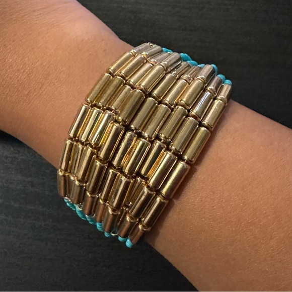 🧜🏼‍♀️ ⚜️3 for $30⚜️ Mermaidcore Blue Gold Beaded Cuff Bracelet Adjustable - Picture 6 of 10